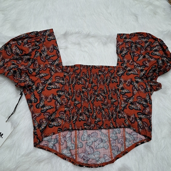 O.L.M. Ladies Puffy Sleeves Orange/Brown Butterfly Pattern Crop Corset Top - Picture 8 of 10